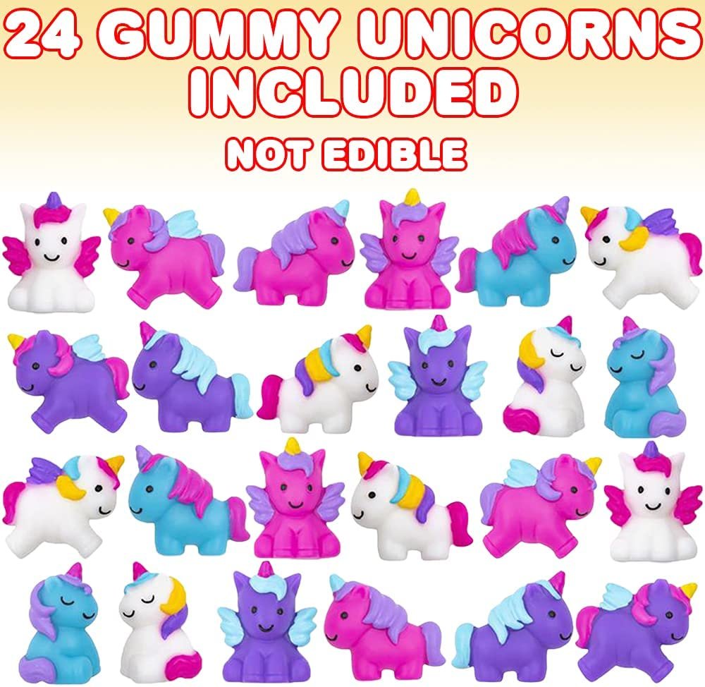 Squishy Unicorn Toys, Set of 24, Squeezy Unicorn Toys with Jelly-Like Texture, Gummy Fidget Toys for Girls and Boys, Princess Party Supplies, Calming Sensory Toys for Kids