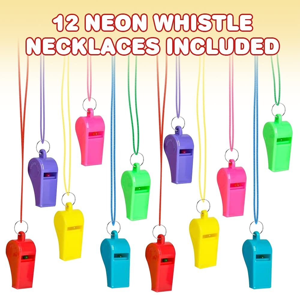 Neon Whistle Necklace For Kids, Set of 12, Kids’ Party Noisemakers, Variety Of Colors, Sports Party Favors, School Sports Supplies, Easter Egg Fillers, Great Party favor, Goody Bag Filler