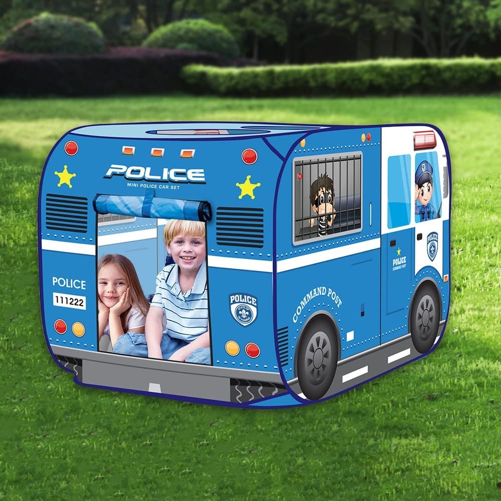 Police Car Tent with Carry Bag, Pop Up Indoor Tent for Kids, Police Officer Indoor Playhouse with 2 Openings, Flat-Folding Kids Play Tent for Compact Storage, 43.5 x 28 x 26.5"es