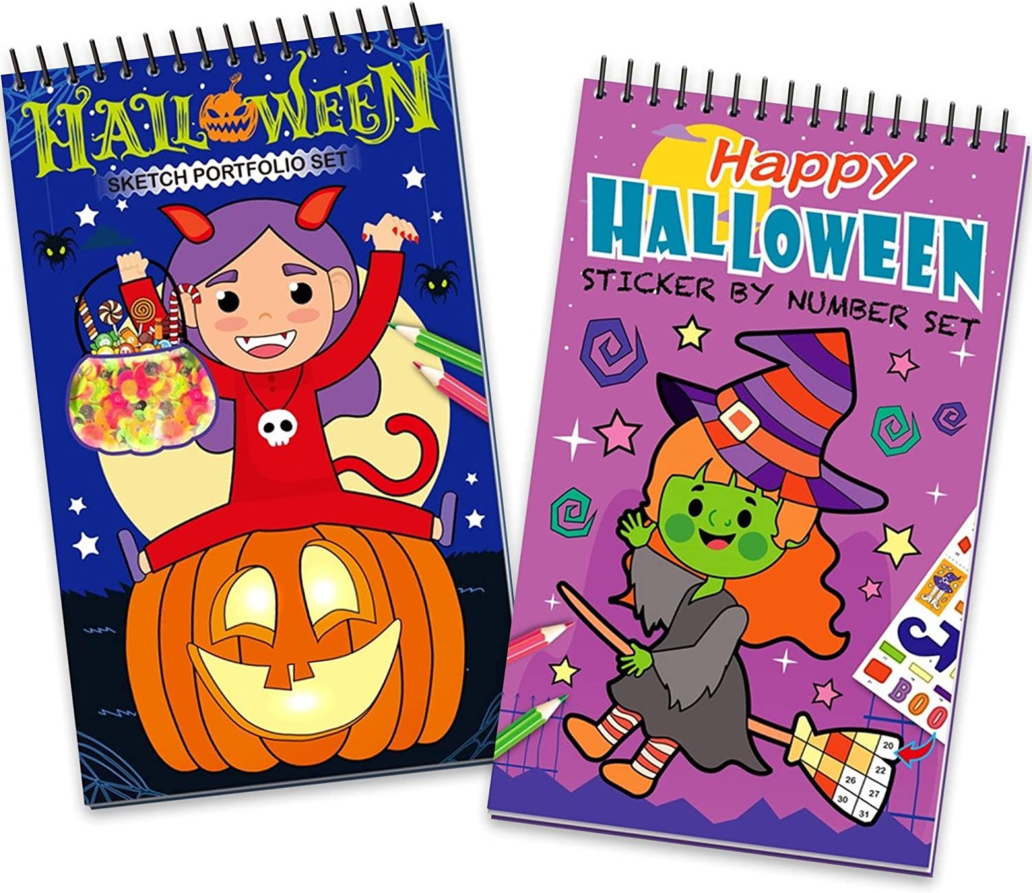 Halloween Activity Books, Set of 2, Includes 1 Coloring Book with a Sticker Sheet and 1 Sticker by Number Book with 5 Sticker Sheets, Great as Halloween Party Favors and Treats