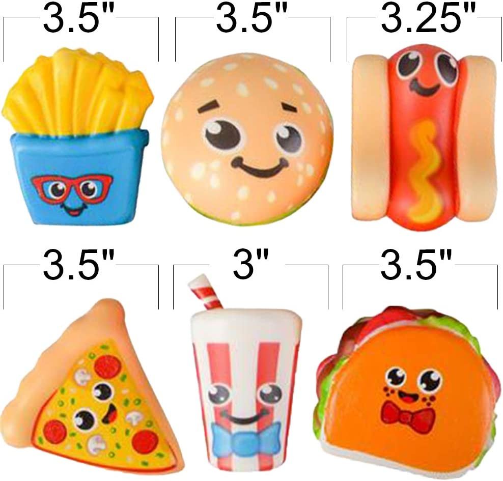 Fast Food Squeeze Toys for Kids, Set of 6, Super Soft Slow Rising Stress Relief Toys in 6 Cute Designs, Squeezable Birthday Party Favors and Goodie Bag Fillers