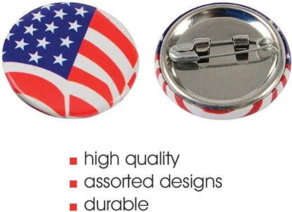ArtCreativity Patriotic USA Button Pins, Bulk Pack of 48, July 4th Party Favors, Red, White, and Blue Patriotic Accessories, American Flag Lapel Pins for Kids and Adults, 4 Different Designs