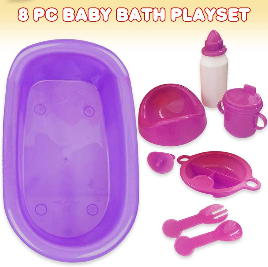 Baby Doll Bath Playset, 8PC Baby Doll Accessories Set, Includes Mini Bathtub, Bottle, Sippy Cup, Plate and More, Cute Doll Toys for Girls, Great Birthday Gift for Kids