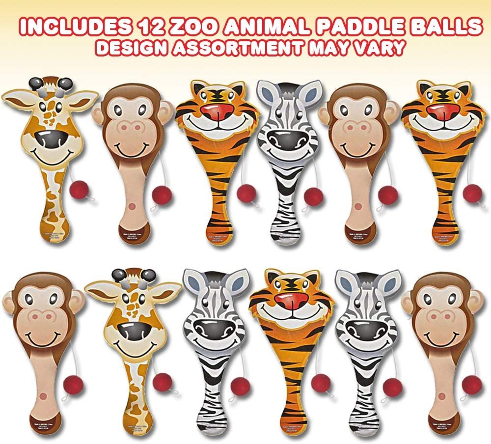 Zoo Animal Paddle Balls, Pack of 12, 9" Wooden Paddleball with String, Assorted Designs, Great Party Favors, Goodie Bag Fillers, Fun Activity Toys for Kids