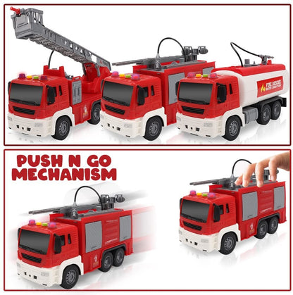 ArtCreativity Fire Trucks for Kids, Set of 3, Includes Ladder Truck, Tanker Truck, and Engine Truck, Fire Truck Toys with Real Water Spraying, LEDs, and Sound, Push and Go Fire Trucks for Boys & Girls