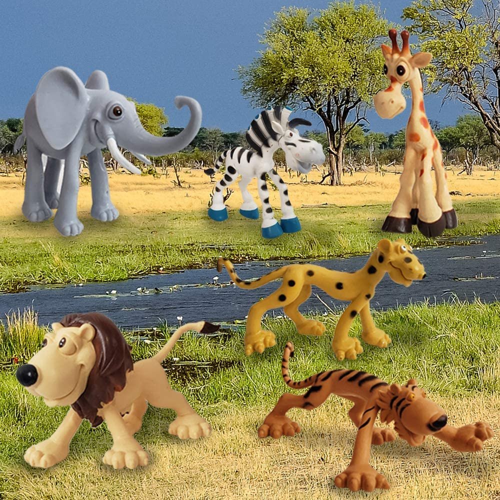 ArtCreativity Cartoon Animals Figurines for Kids - Set of 6 - Cute Cartoonish Design - Durable Plastic Play Set - Cool Storage Box - Great Gift Idea, Safari and Jungle Favors for Boys and Girls