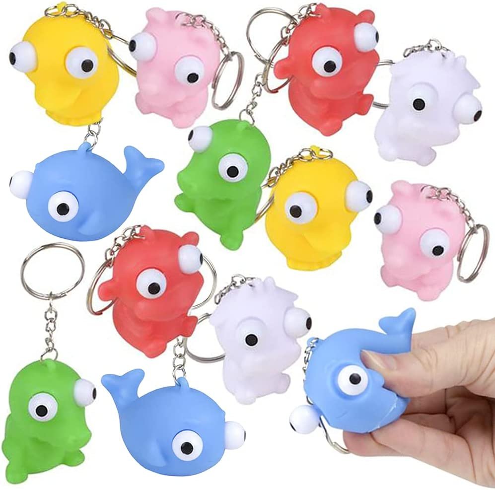 Popping Eye Squeezy Animal Keychains for Kids, Set of 12, Variety of Animal Characters, Fun Keychains for Backpack, Purse, Luggage, Cool Birthday Party Favors and Goodie Bag Fillers