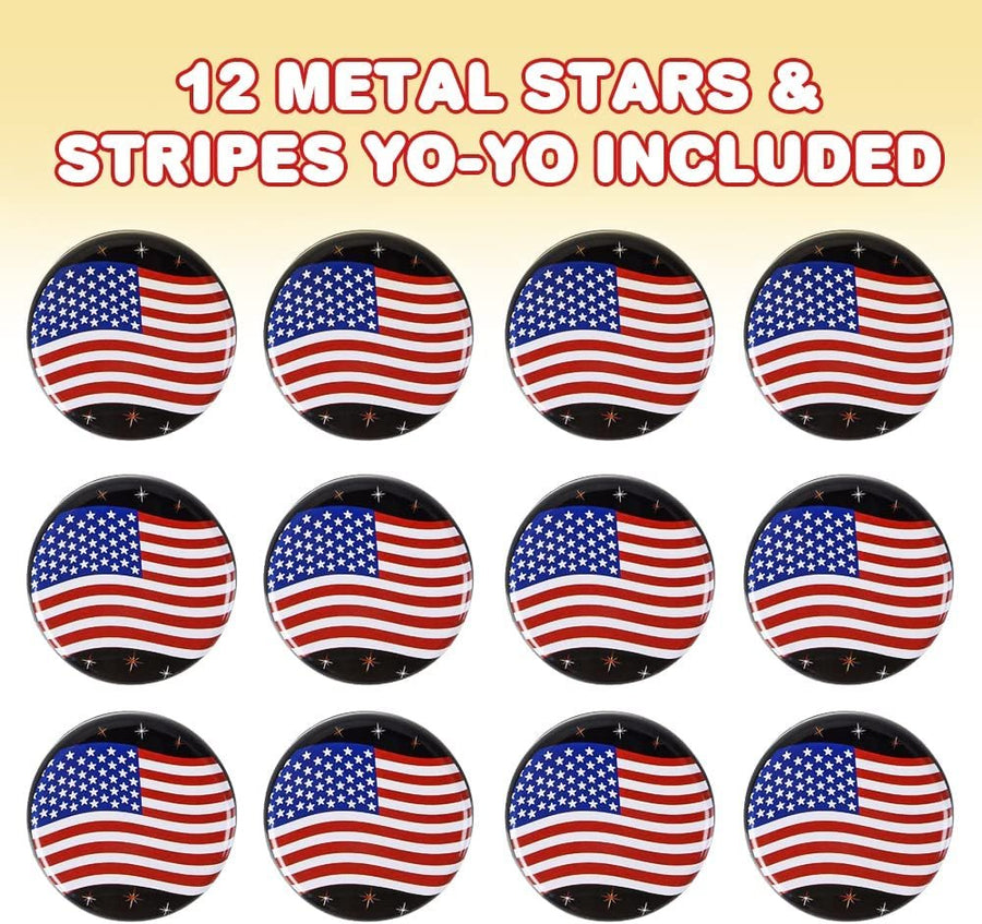 Metal Stars & Stripes Yoyos, Set of 12 , 4th of July Party Favors, USA Flag Yo-Yo Toys, Fun Patriotic Accessories for Independence, Memorial, and Veterans Day