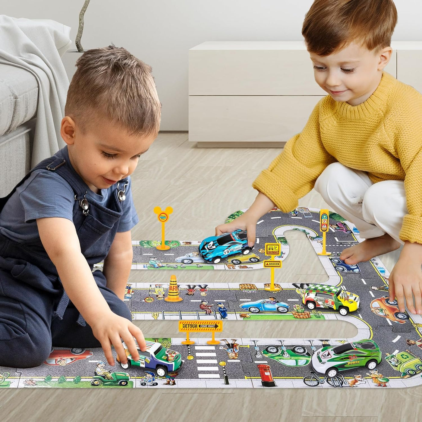 Puzzle Track Car Play Set for Kids - 29 Piece Set with 4 Floor Puzzle Cars, 5 Traffic Accessories, and 20 Cardboard Puzzle Pieces - Toddler Floor Puzzle Tracks with Vehicles