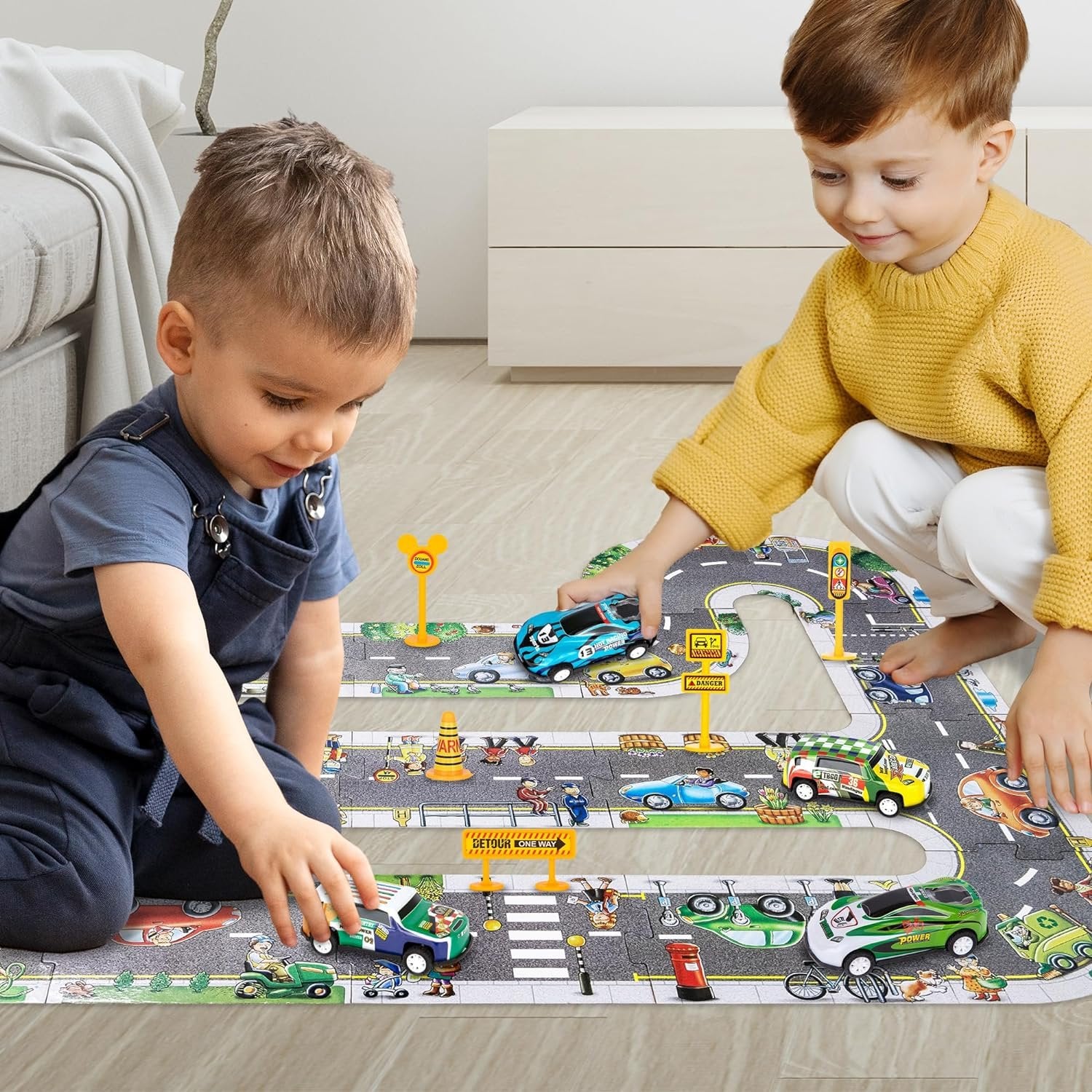 Puzzle Track Car Play Set for Kids - 29 Piece Set with 4 Floor Puzzle Cars, 5 Traffic Accessories, and 20 Cardboard Puzzle Pieces - Toddler Floor Puzzle Tracks with Vehicles