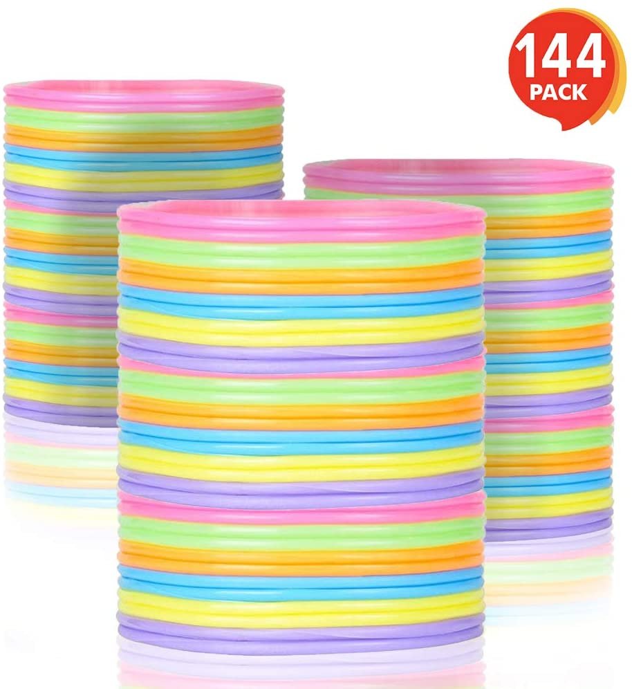 Jelly Bracelets for Kids and Adults - 144 Pack - Colorful Stretchy Rubber Wristbands for Boys and Girls - Fun Birthday Favors, Goodie Bag Fillers, 80’s Party Decorations and Giveaways