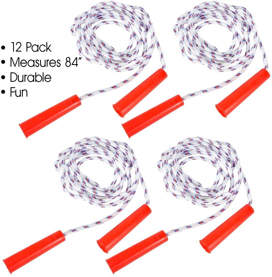 84" Nylon Ropes for Kids - Pack of 12 - Durable Jump Ropes with Plastic Handles - Healthy Indoor and Outdoor Skipping Activity, Party Favors, Gifts for Boys and Girls