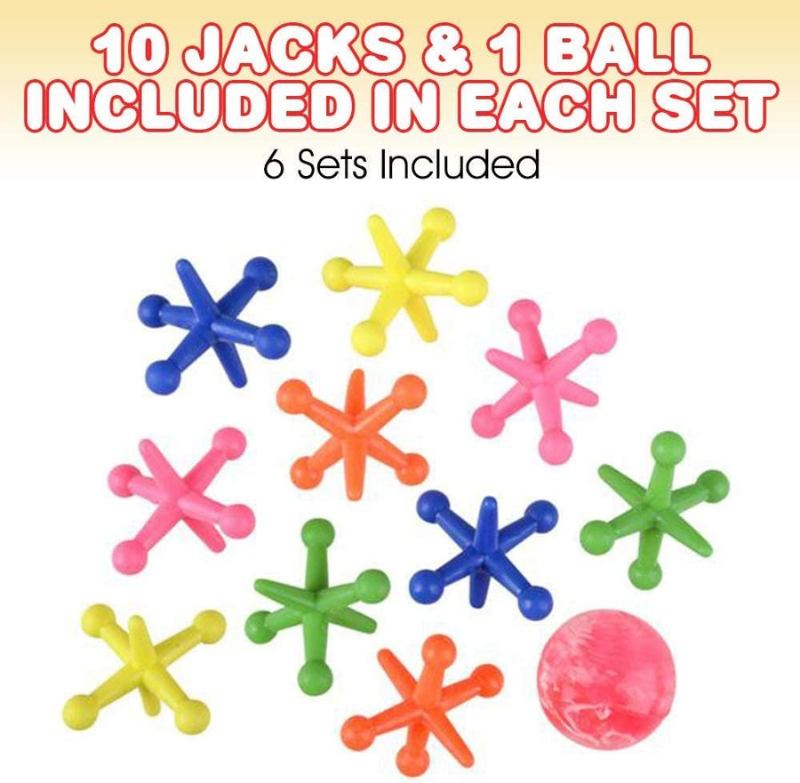 Big Neon Jacks Game, 6 Sets, Each Set with 10 Plastic Jacks and 1 Marbleized Rubber Ball, Vintage Toys, Fun Activity for Kids, Birthday Party Favors for Boys and Girls