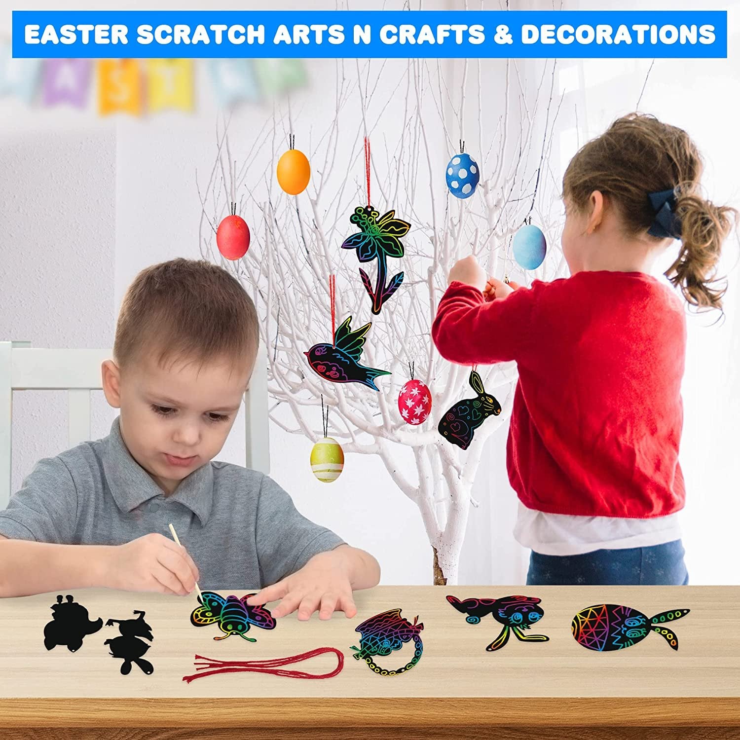 ArtCreativity 48 Pack Easter Scratch Art Set for Kids, Set of 48 Scratch Art Ornaments, Wooden Stick, & Ribbon, Easter Kids Crafts, Rainbow Scratch Ornaments for Home Tree Decor & Easter Party Favors