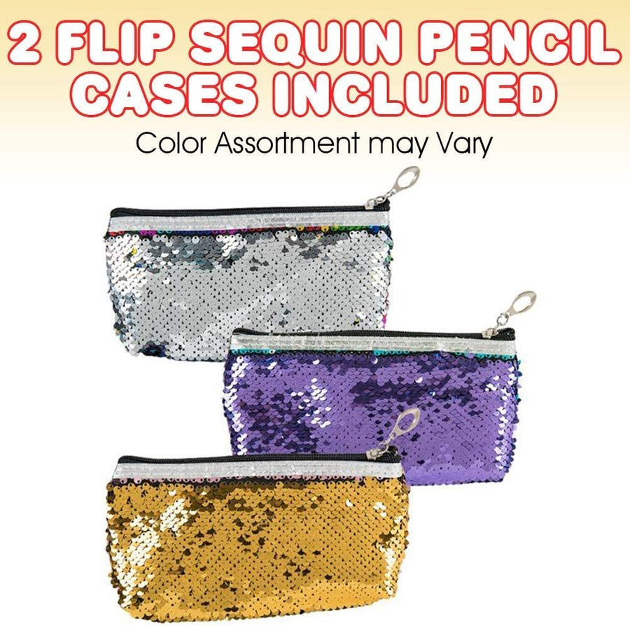 Flip Sequin Pencil Case, Set of 2, Cute Zipper Pen Holder or Makeup Pouch with Color Changing Sequins, Fun Back to School Supplies for Girls and Boys, Best Gift Idea for Kids