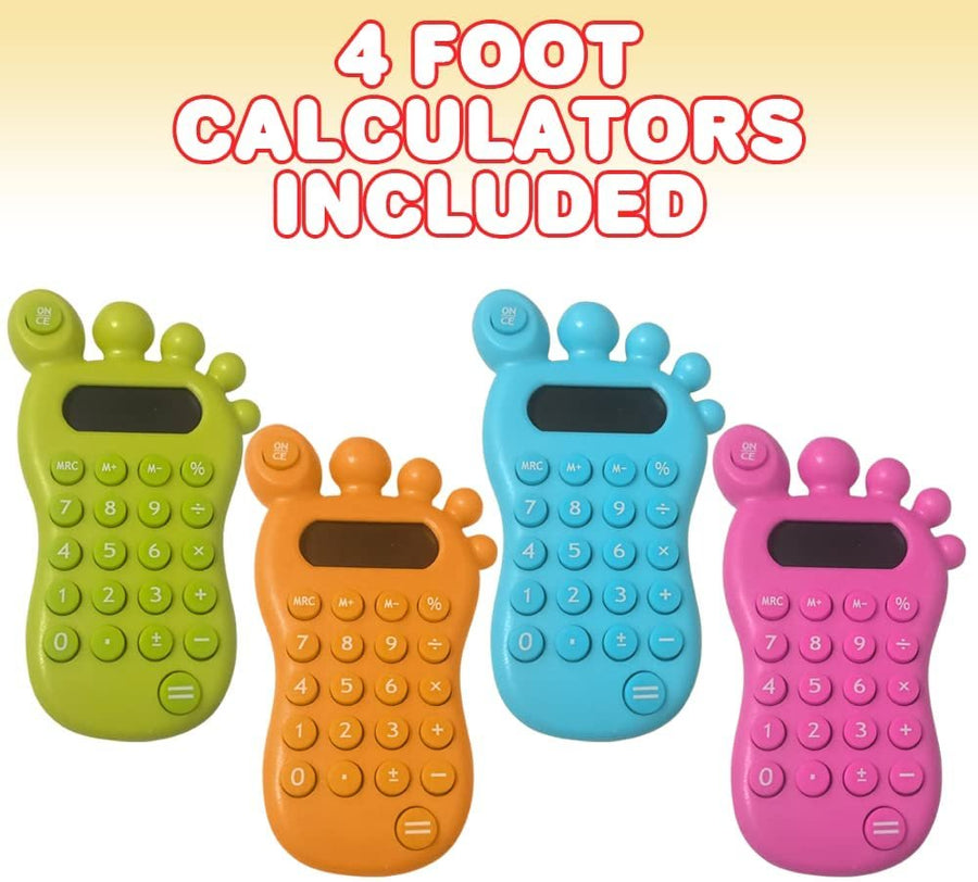 Foot Calculators for Kids, Set of 4, Functional Calculators for Children in Assorted Vibrant Colors, Math Learning Aids for Boys and Girls, Back to School Gifts and Classroom Prizes