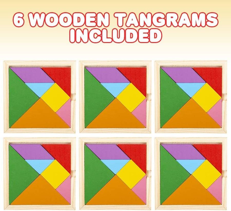 Wooden Tangram Puzzles for Kids, Set of 6, Wood Tangrams with 7 Colored Pieces Each, Fun Educational Brain Teaser, Learning Toy for Boys and Girls, Fun Party Favor