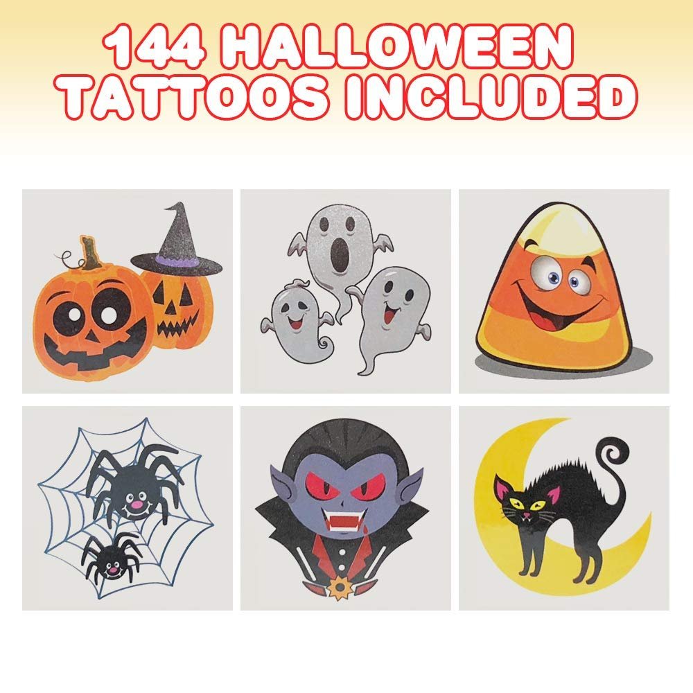 Halloween Temporary Tattoos for Kids - Pack of 144 - 2" Non-Toxic Tats Stickers for Boys and Girls, Best for Halloween Party Favors, Treats, Décor, Goodie Bags - 6 Assorted Designs - Designs may vary
