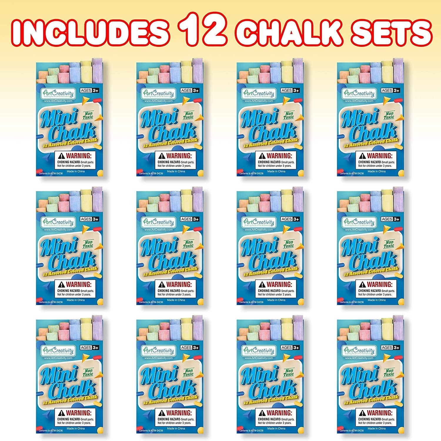 Mini Chalk Set for Kids - 12 Boxes - Each Box Has 12 Blackboard Chalk Sticks - Non-Toxic Art and Craft Supplies - Birthday Party Favors for Boys and Girls - Fun Goody Bag Fillers
