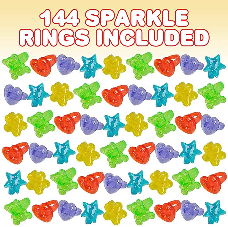 Sparkle Rings for Kids, Set of 144, Adorable Jewelry for Little Girls & Boys, Glitzy Plastic Princess Rings in Fun Assorted Colors and Designs, Dress Up Accessories, Goodie Bag Fillers