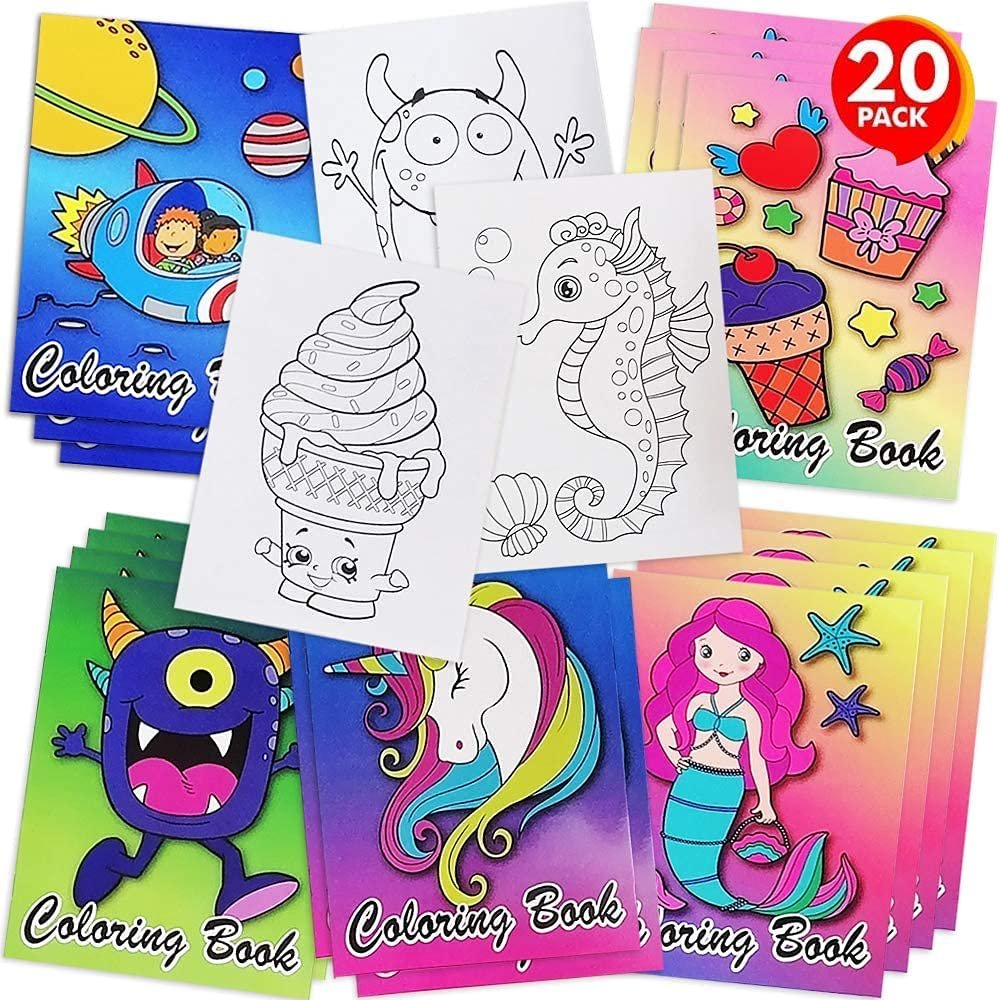ArtCreativity Assorted Mini Coloring Books for Kids - Bulk Pack of 20 - 5 x 7 Inch Small Color Booklets in 5 Designs, Fun Birthday Party Favors for Toddlers, Educational Art Gifts for Boys and Girls