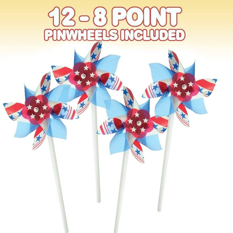 4" Stars and Stripes Pinwheels, Set of 12, Red, White, and Blue, Independence Day Decorations, July 4th Décor for Yard, Garden, Lawn, Patriotic Party Favors for Kids