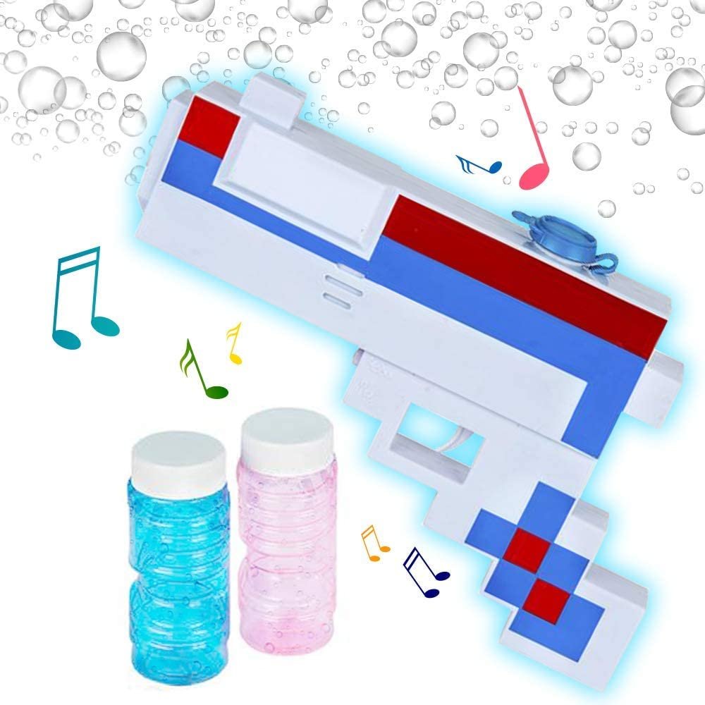 ArtCreativity Patriotic Pixel Bubble Blaster Toy Gun with Lights & Sound, 2 Bottles of Bubble Solution & Batteries Included, Red, White, and Blue Light Up Pixelated Blower for Boys, Girls, 4th of July
