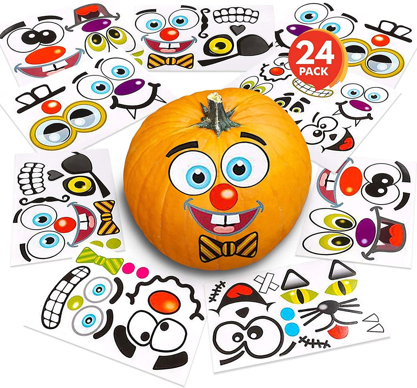 Halloween Pumpkin Decorating Stickers - 24 Sheets - Jack-o-Lantern Decoration Kit - 52 Total Face Stickers - Cute Halloween Decor Idea - Treats, Gifts, and Crafts for Kids- 3” x 5”