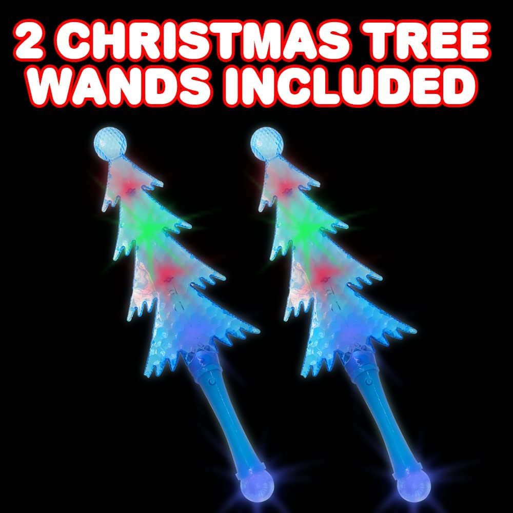Light Up Christmas Tree Wands, Set of 2, 14.5" Flashing LED Wands for Kids with Batteries Included, Thrilling Light Show, Fun Gift, Holiday Stocking Stuffer for Boys and Girls