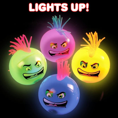 ArtCreativity Flashing Mohawk Balls, Set of 4, Light Up Bouncy Balls for Kids with Faux Hair, LED Bouncing Balls in Assorted Colors, Light Up Party Favors, Pinata Stuffers, and Goodie Bag Fillers