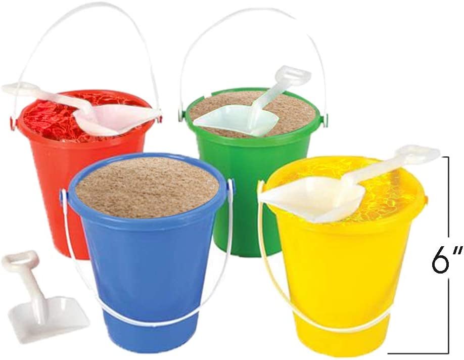 ArtCreativity 6 Inch Mini Plastic Beach Pail and Shovel Set - Pack of 12 - Assorted Colors Buckets and White Shovels - Summer Beach Toys - Practical Gift, Party Favor and Prize