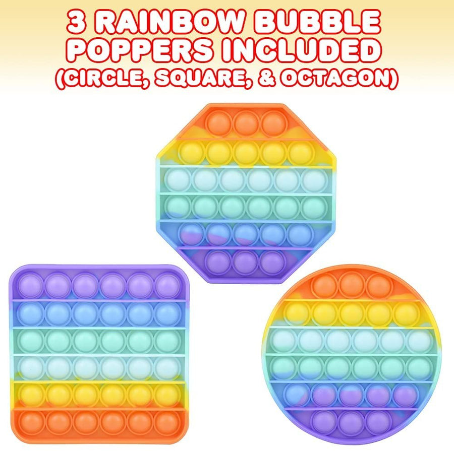 Rainbow Bubble Popper Shapes, Set of 3, Pop It Sensory Fidget Toys, Stress Relief Toys for Boys & Girls, Silicone Push Pop Toys for Kids, Cool Birthday Party Favors & Goodie Bag Fillers