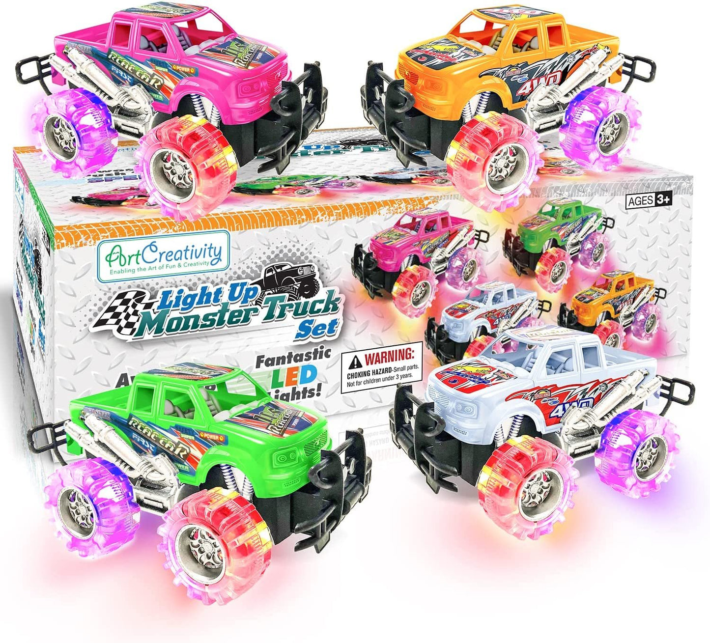 ArtCreativity Light Up Monster Trucks For Boys,- 6 Inch Toy Cars For 2 year old boys,- Push n Go Car Toys For Boys 3-5 Years Old,- Light Up Toys For Kids, Best Gift for Kids Age 3 - 6 Years Old and Up