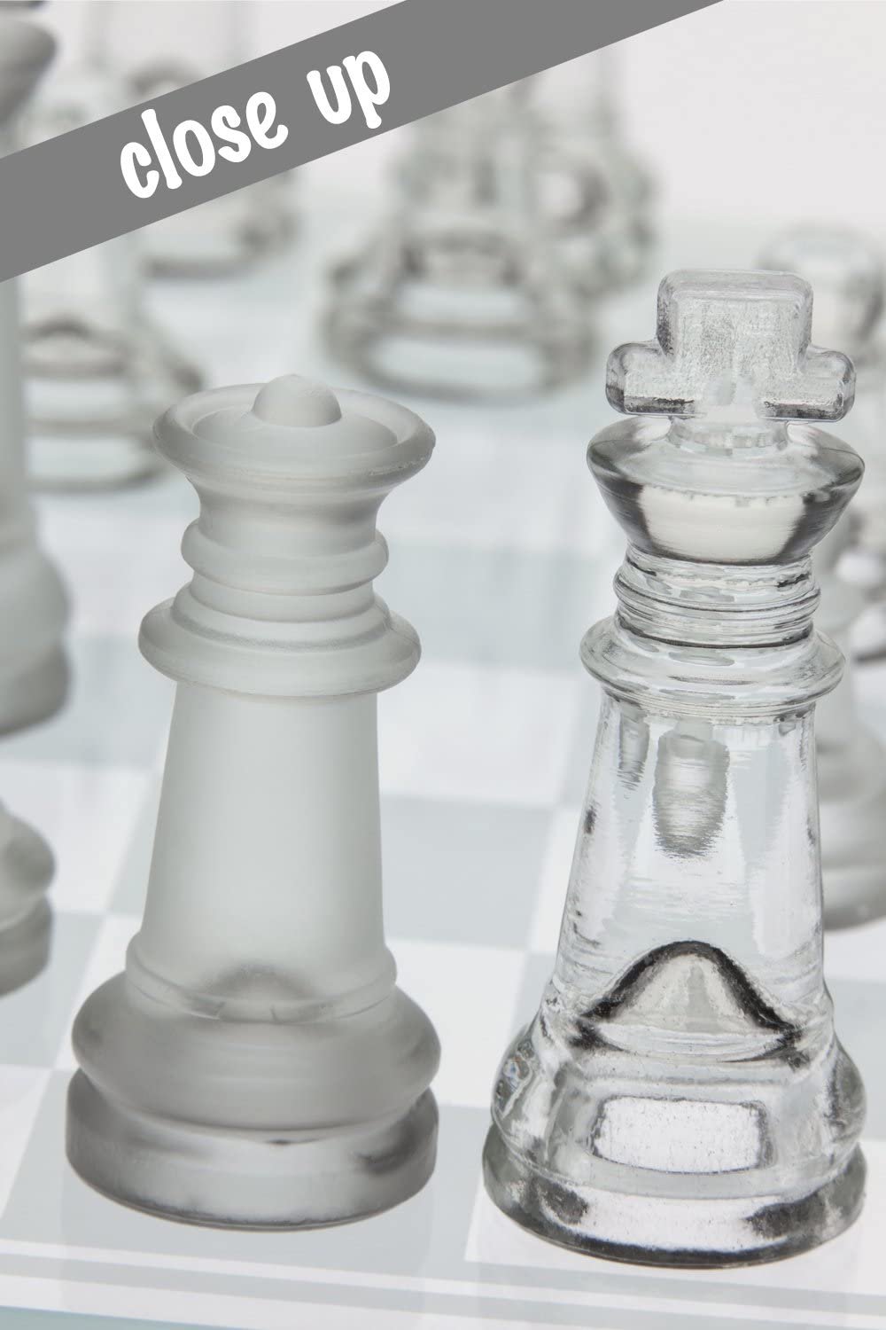 Gamie Glass Chess Set, Elegant Design - Durable Build - Fully Functional - 32 Frosted and Clear Pieces - Felted Bottoms - Easy to Carry - Reassuringly Stable (14 Inch)