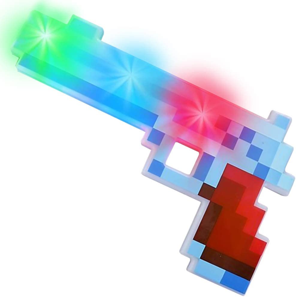 10" Light Up Pixel Pistol Toy with Flashing LEDs - Cool Retro Pixelated Plastic Pistol - Video Game Party Supplies - Unique Kids Easter Basket Stuffers Gift - Batteries Included