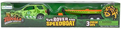 ArtCreativity SUV Toy Car with Trailer and Speedboat Playset for Kids, Interactive Jungle Play Set with Detachable Speed Boat and Opening Doors on 4 x 4 Toy Truck, Best Birthday Gift for Boys & Girls