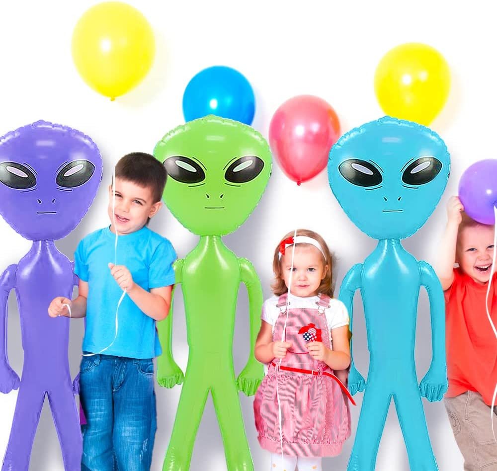 Giant Alien Inflates - Set of 3 - 48" Jumbo Blow Up Alien Party Decorations in Green, Purple, and Blue - Alien Themed Party Supplies - Easy to Inflate Outer Space Party Decorations