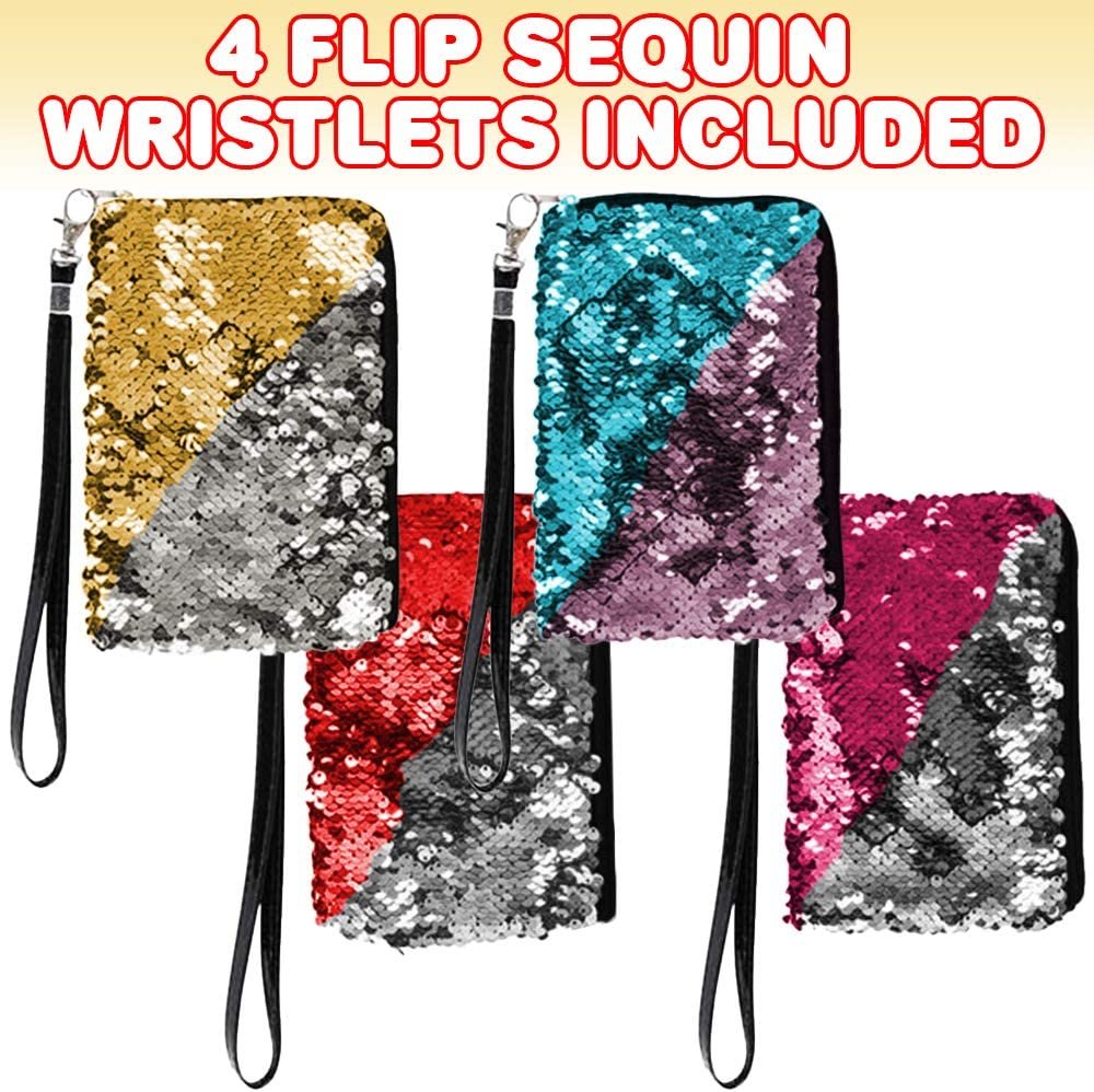 Flip Sequin Wristlets For Kids, Set of 4, Cute Purses for Girls with Color Changing Sequins and Zipper, Cute Mermaid Party Favors, Princess Party Supplies, Assorted Colors