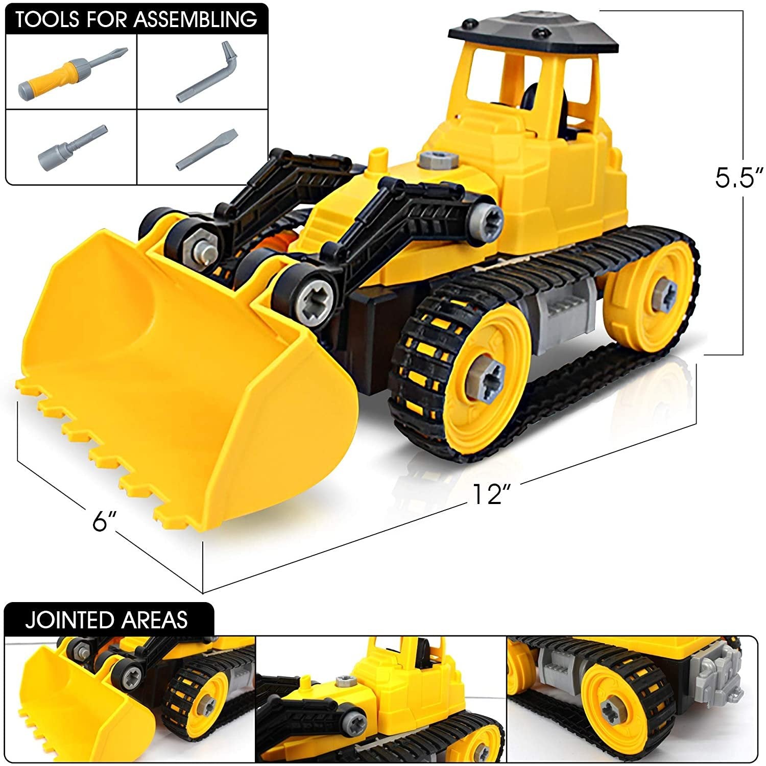 Take Apart Yellow Bulldozer Toy Truck - 46 Pieces with Tools - Large Excavating Backhoe Toy - Perfect Digger Toy and Great Birthday Gift Idea for Boys and Girls Ages 3+