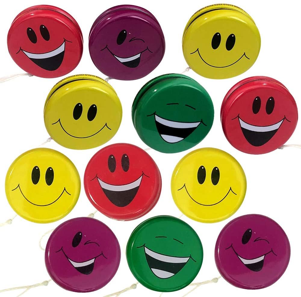 Smile Face Yoyos for Kids, Pack of 12, Emoji Yo-Yo Toys in Assorted Designs, Emoji Birthday Party Favors, Goodie Bag Fillers, Holiday Stocking Stuffers, Classroom Prizes