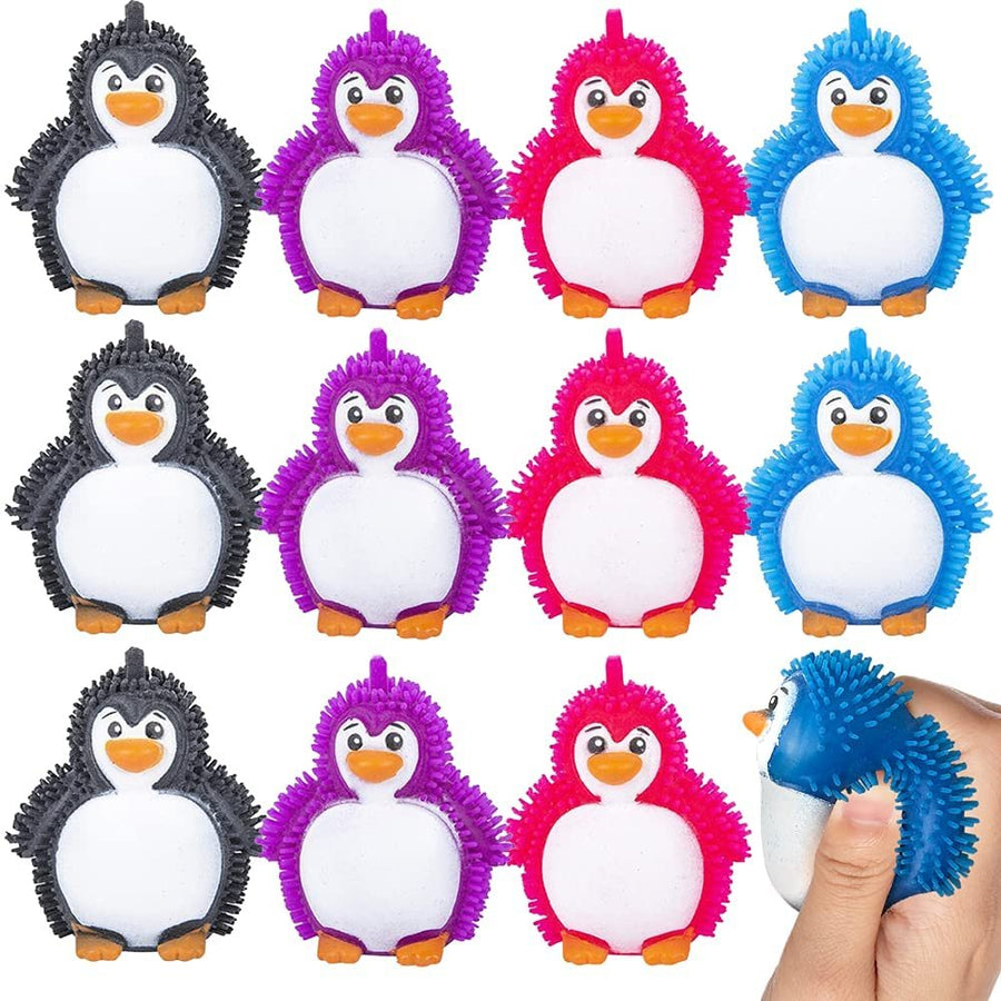 Puffer Penguins, Set of 12, Fidget Toys for Kids with Soft Rubbery Spikes, Stress Relief Toys in Assorted Colors, Party Favors, Goodie Bag Fillers for Boys and Girls