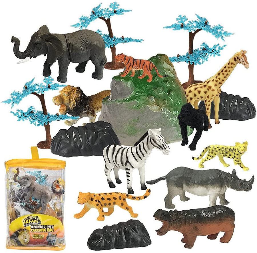 23 PC Animal Playset with Carry Bag, Assorted Small Animal Figures, Sturdy Plastic Toys, Fun Zoo Theme Birthday Party Favors, Great Gift Idea for Boys and Girls