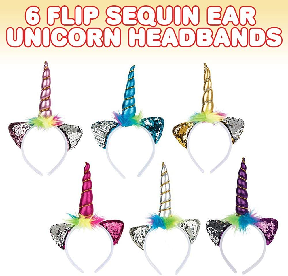 Flip Sequin Ear Unicorn Headbands for Kids, Set of 6, Unicorn Gifts for Girls and Boys, Princess Birthday Party Decorations, Cute Photo Booth Props and Party Favors, 6 Colors