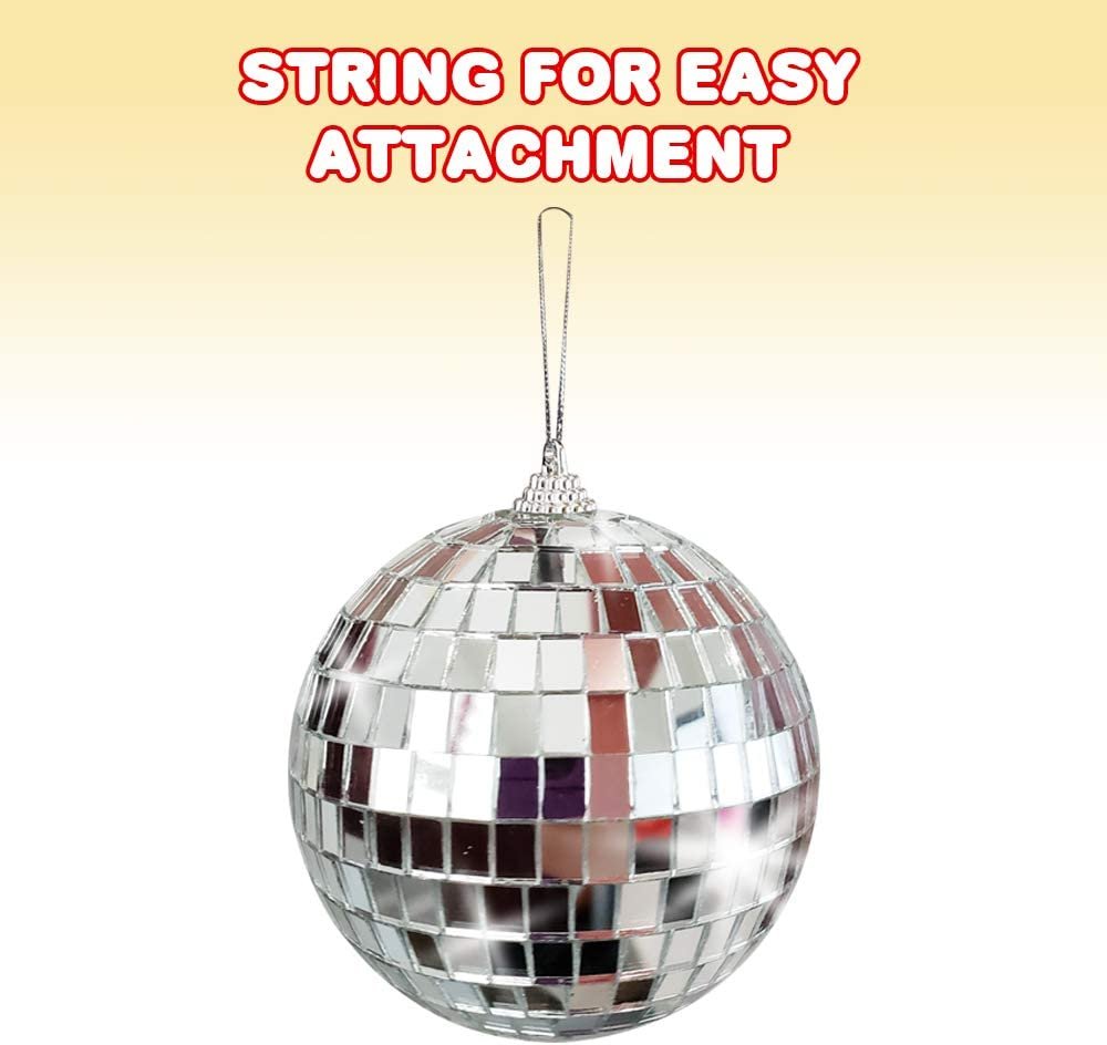 4" Mirror Disco Ball - Silver Disco Ball with Hanging String for Parties, Birthdays, and Weddings - 90’s Disco Party Decorations and Supplies, Ceiling Décor Disco Accessories