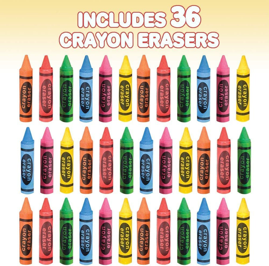 2.5" Crayon Erasers for Kids - Set of 36 - Durable Pencil Rubbers in Assorted Colors - Unique School Stationery Supplies - Birthday Party Favors for Boys and Girls, Classroom Prize