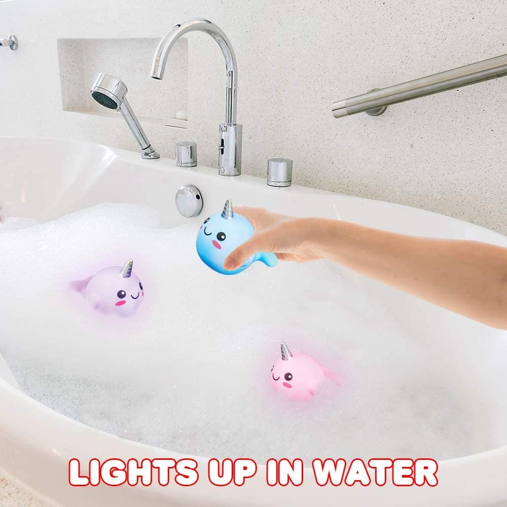 Light Up Narwhal Bath Toys for Kids, Set of 3, Cute Bathtub Toys with Fun LEDs, Bath Tub Toys for Boys and Girls, Cool Narwhal Birthday Party Favors, Goodie Bag Fillers for Children