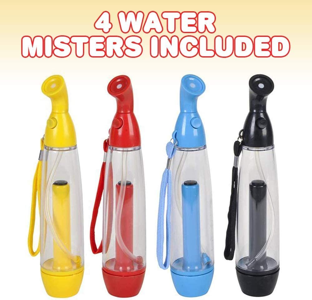 Water Mister Spray Bottle Set - Pack of 4 - Pump Mister Cooling Spray Bottles with Carrying Loop - Portable Misting Sprayers for Camping, Outdoor Patio, Hiking - Assorted Vibrant Colors