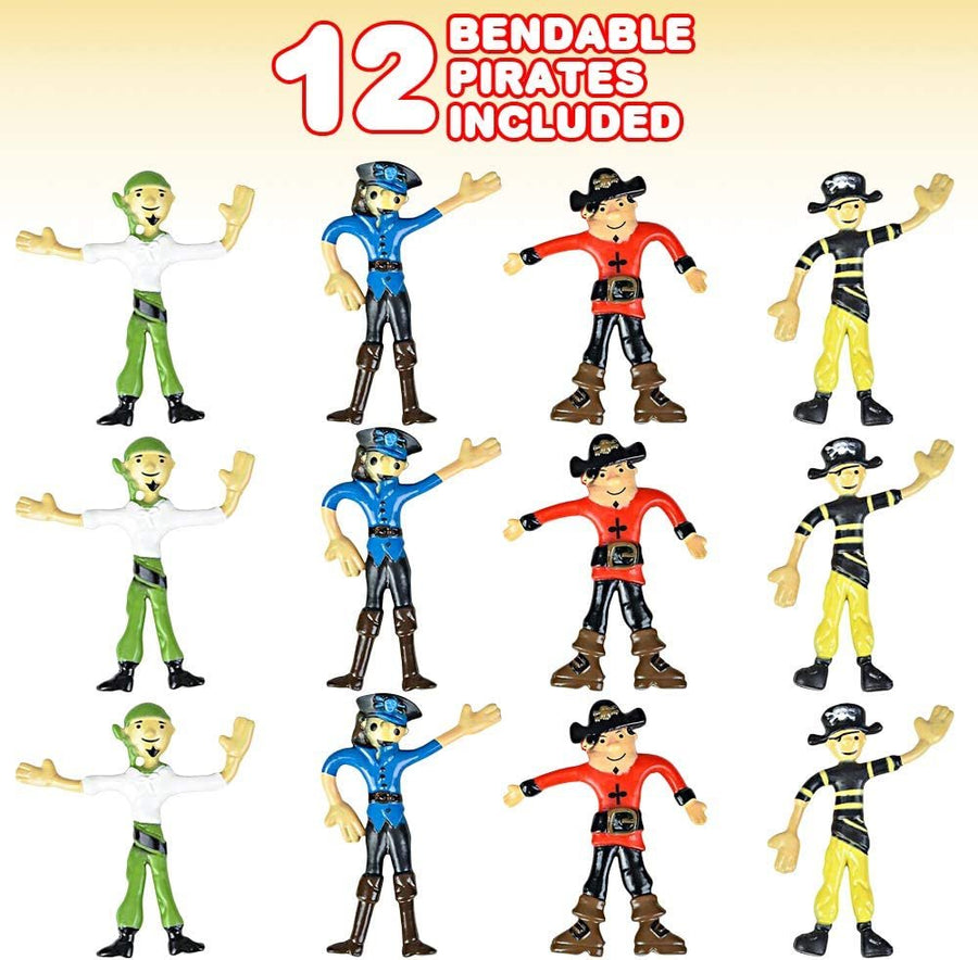Bendable Pirate Figures, Set of 12 Flexible Men, Birthday Party Favors for Boys and Girls, Stress Relief Fidget Toys for Kids and Adults, Goody Bag Stuffers, Piñata Fillers