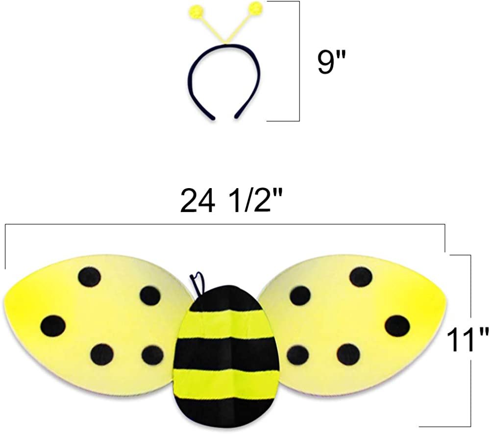 Bee Costume for Kids, Honeybee Costume Set with 1 Pair of Wings and Antenna Headband, Cute Halloween Costume for Girls and Boys, Fun Pretend Play Accessories, Black and Yellow