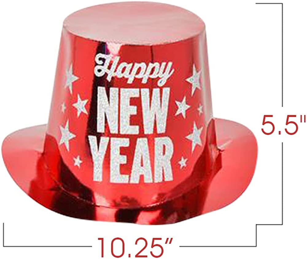 Happy New Year Top Hats, Set of 4, New Years Eve Hats with Silver Glitter Lettering, New Years Eve Party Supplies, Photo Booth Props, and Party Favors, Assorted Colors